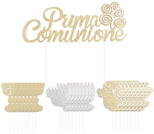 25pz Topper Prima Comunione Cake Topper Oro Glitter Albero della Vita Angelo Piccione Santo Graal Addobbi Comunione per Bambini Decorazione Festa Torta Cupcake Partito