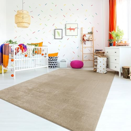 TT Home Teppich Kinderzimmer Waschbar rutschfest Kinderteppich Junge Mädchen Weich Pastell, Farbe: Dunkelbeige, Größe:160x220 cm