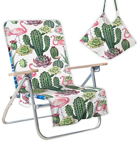 Morbuy Liegestuhl Handtuch mit Taschen, Kaktus-Druck Strandtuch für Liegen Strandliegen Handtücher für Strandliegen, Mikrofaser Leicht Strandtuch für Schwimmbäder Strände (rosa Flamingo)