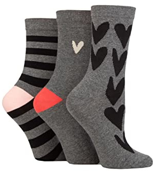 Caroline Gardner Ladies Patterned Cotton Socks Pack of 3 All Over Hearts Charcoal 4-8