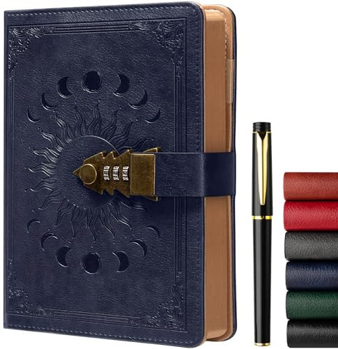 Tagebuch mit Schloss für Frauen/Männer, geheimes Tagebuch für Mädchen, A5 Notizbuch mit Stift Set, nachfüllbares Leder Journal Schreiben Notizbuch mit Stift, Größe A5(8.5 × 5.9 Zoll) Dunkelblau
