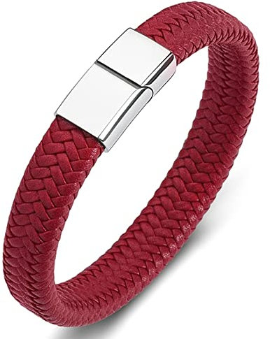 Dsnyu Armreifen Herren Leder, Rot Hip Hop Armband Herren mit Magnet Verschluss, 20CM Einfacher Stil Armbänder Rocker Party Schmuck