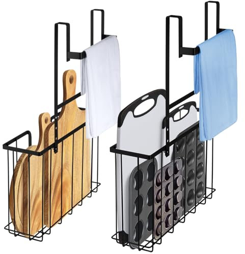ORLESS 2-Pack Kitchen Cabinet Door Organizer, Over Cabinet Door Organizer with Towel Bars, Over The Cabinet Hanging Storage Basket for Cutting Board, Foil, Plastic Wrap, Baking Sheet, Cookie Sheet