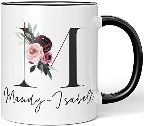 JUNIWORDS Tasse, Mandy-Isabell, Name Anfangsbuchstabe Initial Alphabet Floral Buchstabe M Monogramm Motiv, Schwarz (5585583)