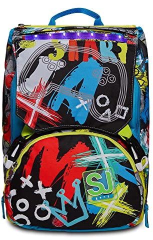 SJ Gang Zaino Scuola Estensibile, Giallo Blu, Gritzled Boy, Zaino Doppio Scomparto Estensibile Con Led Luminoso e Pattine Sfogliabili, Scuola Elementare e Tempo libero, Bambino