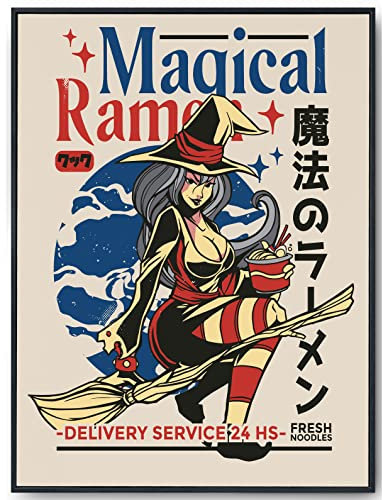 JOPRICO Ramen Poster - vintage Japan Kunstdruck - Dekoration für Küche - japanische Wand Deko - magischer Ramen Lieferservice Hexe
