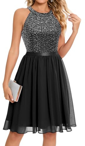 Bbonlinedress Festliches Kleid mit Pailletten Damen Winterkleid Neckholder weihnachtskleid Glitzer Cocktail Brautkleid Party Abendkleider elegant Black XL