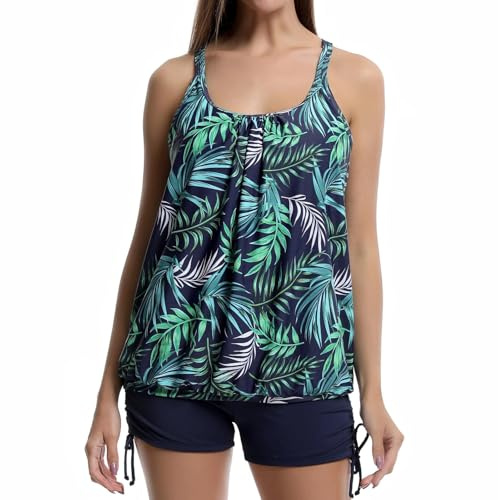 IHCEMIH Tankini Sets for Women UK, Two Piece Women's Tankinis Blouson Top with High Waisted Drawstring Floral Swim Shorts Modest Swimming Costume Tummy Control Swimwear Beach Pool Holiday Spa Blue XL