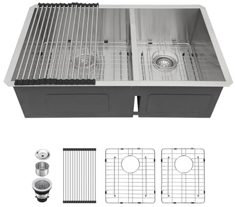 Lordear Fregadero de cocina de acero inoxidable con doble cuenco de calibre 16 de 32 pulgadas con divisor bajo inteligente de 32 x 19 pulgadas, fregaderos de cocina de doble lavabo 60/40