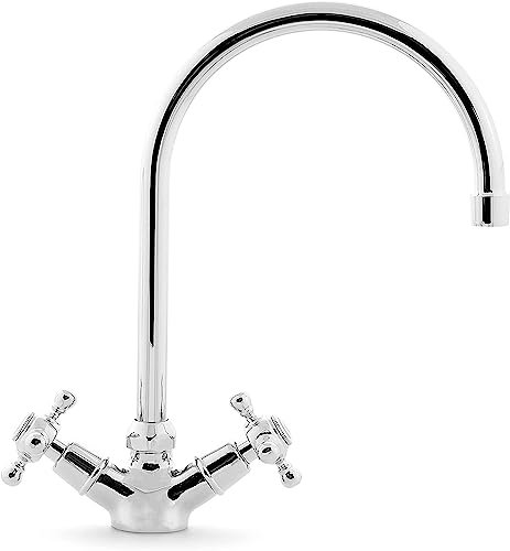 High Neck Sink Mixer Kitchen Tap - Victorian Cross Head Mixer Tap - Deck Mounted Mono Block High Neck Kitchen Mixer Tap