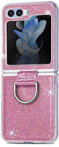 Glitter Case for Samsung Galaxy Z Flip 5 5G, Slim-Fit Soft Silicone TPU Protective Case with Ring Holder Kickstand Shockproof Bling Folding Phone Cover for Samsung Galaxy Z Flip 5 5G - Pink