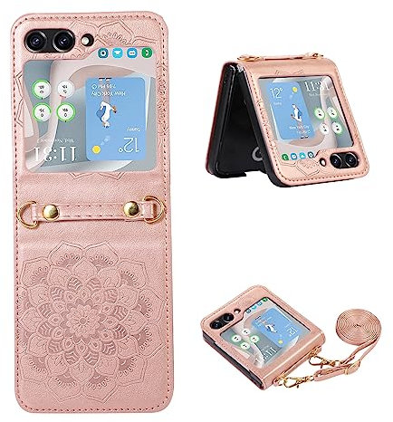 Szakdws Kompatibel mit Samsung Galaxy Z Flip 5 5G Hülle mit Kette,Galaxy Z Flip 5 Lederhülle mit Kordel zum Umhängen Abnehmbar,Premium PU Mandala Blume Klappbare Handyhülle,Roségold
