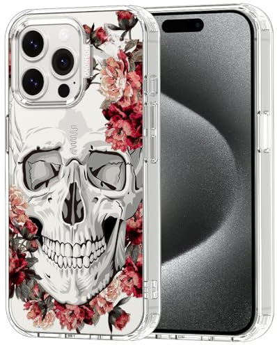 MOSNOVO für iPhone 15 Pro Max Hülle – Durchsichtige, schlanke, stoßfeste TPU+PC-Handyhülle, [6,6 Fuß Fallschutz/Anti-Abziehen] - Roter Blumenschädel