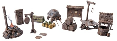 3D Vikings Stadtgegenstände Set – Umfassendes Geländezubehör für Tabletop-Rollenspiele, Dungeons & Dragons, Warhammer – Enthält Brunnen, Toilette, Schilder, Galgen, Nachrichtenbrett, Wagen, Holzpfahl