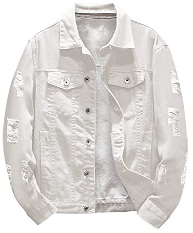 LOIJMK Denim Jacket - Men's Loose Plain Casual Jacket with Stand-Up Collar, Button Placket & Flap Pocket - White