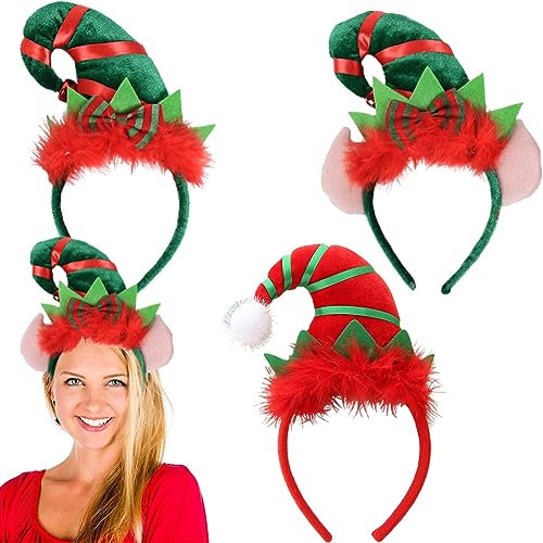 JAHEMU Weihnachtsstirnband Elfen Weihnachts Haarreif Stirnbänder Weihnachten Haarschmuck Karneval Party Kopfschmuck für Erwachsene und Kinder 3 Stück