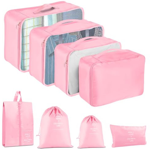 Packwürfel für Koffer, YEEYAA Reisegepäck, Pack-Organizer, Kompressionsaufbewahrung, Schuhbeutel, Kleidung, Unterwäsche, verbesserte Gepäckverpackung, Organizer für Reisezubehör (Rosa)