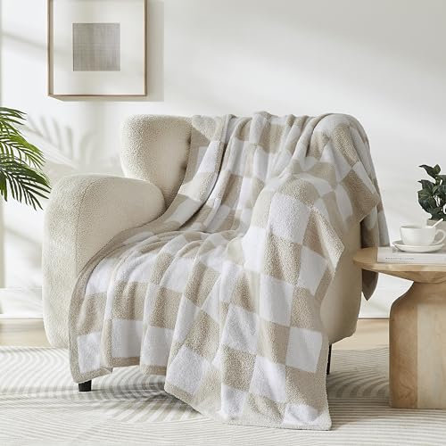 R.SHARE Couverture Beige à Carreaux, en Microfibre, Douce, Confortable, légère et Chaude pour canapé, Chaise, lit, 127 x 177,8 cm