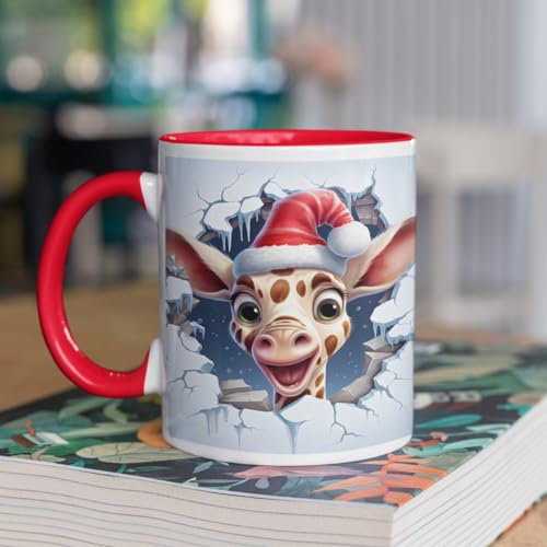 3D Cute Animal Mug | Creative Design Ceramic Coffee Mug | Giraffe Mug | 3D Effect Crack Mugs Xmas Christmas Funny Gift Presents Novelty Red Trim Dishwasher/Microwave Safe Ceramic 11oz