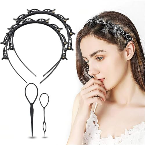 2 Haarreifen mit Klammern und 2 Haar Tail Twister Inhaber - praktische Frisurenhilfe mit Zahnstirnband Braid Tool und elegantem Design für Frauen und Mädchen; in Schwarz; 4er Set.