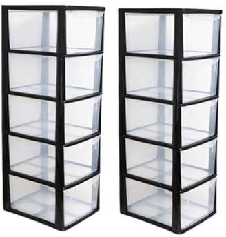2 Pack A4 Plastic Storage 5 Drawers | Medium Black Tower Unit | Office Desktop Tabletop Organiser Home School Office 35D x 29W x 77H cm