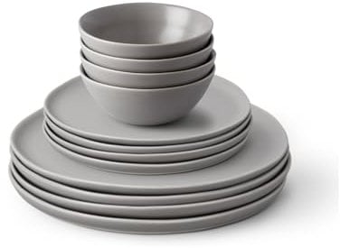 Fable Geschirr-Set – enthält je 4 Speiseteller und Salatteller und Frühstücksschalen, spülmaschinenfest, langlebige Steinzeug-Keramikteller und -Schüsseln, Taubengrau