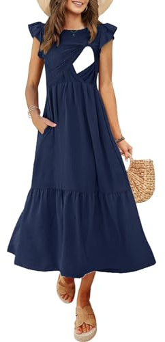 CzzzyL Nursing Dress Breastfeeding Women's Fashion Smocked Bodice Ruffle A Line Latched Mama Midi with Pockets(Navy,Small)