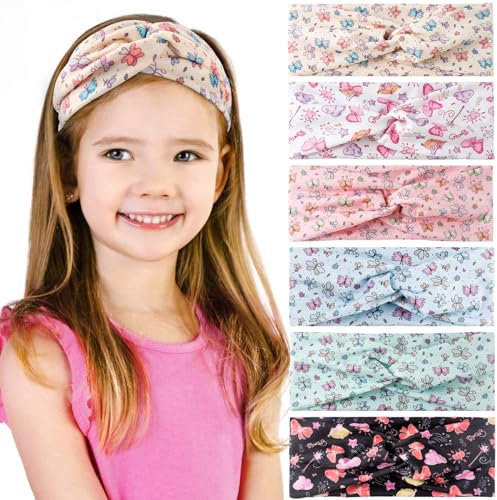 6 Stück Stirnband Mädchen Kinder, Cartoon-Kreuzknoten Design mit Niedlichem Druck, Atmungsaktives Haarband für Schule, Sommer & Freizeit, 6 Stile, Kinderfreundliches Kopfband (Weich & Rutschfest)