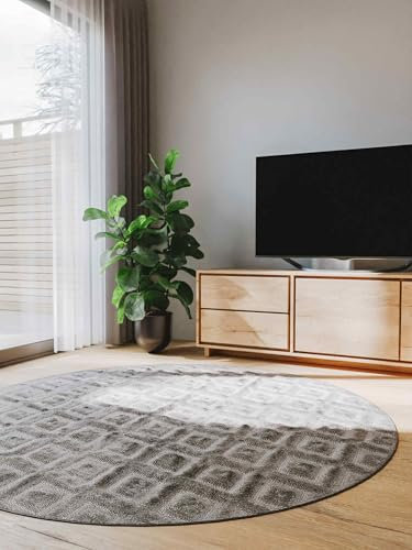 benuta Basic Teppich Leo - Hellgrau 200 cm Rund - Abstrakter Relief-Teppich für Wohnzimmer, Schlafzimmer & Flur - Pflegeleicht - Fußbodenheizung Geeignet