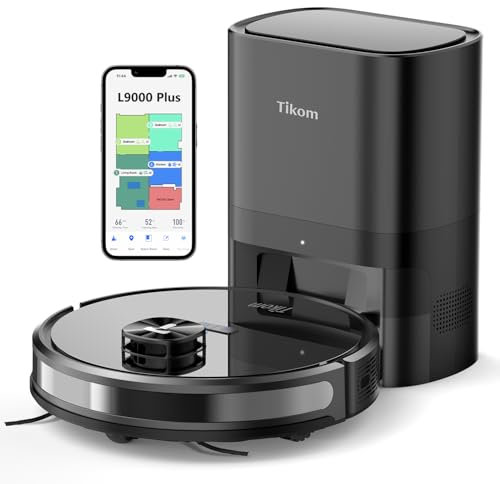 Tikom Robot aspirador y fregona Combo L9000 Plus, autovaciado, capacidad de 60 días, navegación LiDAR, mapeo del hogar, 4000 Pa, 150 minutos máximo, programación, Wi-Fi/aplicación, aspiradora robótica