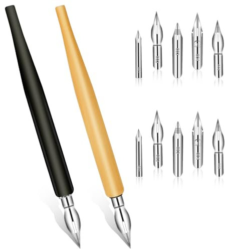 Federhalter Halter Set mit 2 Federhalter 10 Federn Comic Stiftspitzen Kalligraphie Tauchstift Zeichenfeder Schönschreibfüller Schreibfeder Stifthalter Kalligrafie Set für Künstler, Schwarz Holzfarbe