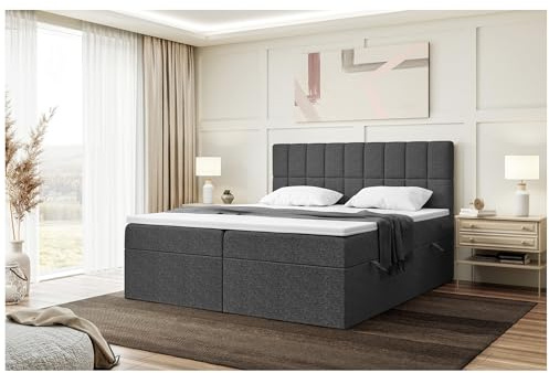 MEBLINI Boxspringbett mit Bettkasten - Gepolstert Doppelbett mit Matratze und Topper - Polsterbett mit Stauraum - Bett mit Kopfteil - Stauraumbett - Lukas - 180x200 - H3/Dunkelgrau Webstoff