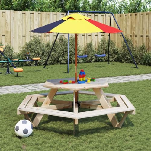 Outdoor Tische-Picknicktisch für 6 Kinder mit Schirm Sechseck Massivholz Tanne