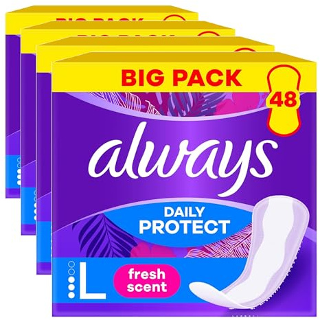 Always Daily Protect Slipeinlagen Damen, Long (48 Binden) Big Pack, mit frischem Duft, atmungsaktiv, flexibel (Packung mit 4)