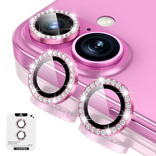 Fewdew Pellicola Fotocamera per iPhone 16 6,1 Pollici e iPhone 16 Plus 6,7 Pollici, 9H Vetro Temperato Cover Anello Individuale in Metallo, HD Chiaro,Diamante Rosa