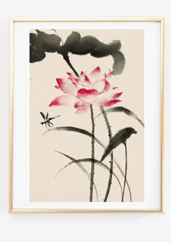 Din A4 Kunstdruck ohne Rahmen - Lotus Seerose mit Libelle - Asien China Japan Tusche Aquarell - Druck Poster Bild