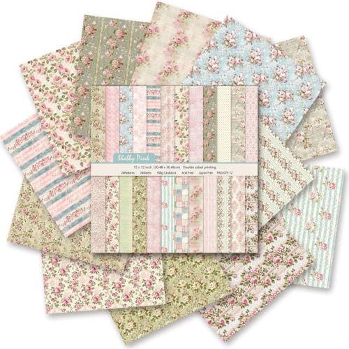 24 Sheet Scrapbook Paper, 12x12 Inch Double Sided Paper, Shabby Pink | Floral Pastoral Design, 24 Patterns, 160gsm Paper, for Scrapbooking, Junk Journaling, Card Making, Paper Craft Supplies