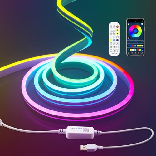 Aclorol 2M USB RGB Neon LED Streifen Wasserdicht LED Schlauch Dimmbar mit Fernbedienung und App-Steuerung Musik Sync Neon Rope Light für Küche Gartenhaus Spiele Wand Dekoration Indirekte Beleuchtung