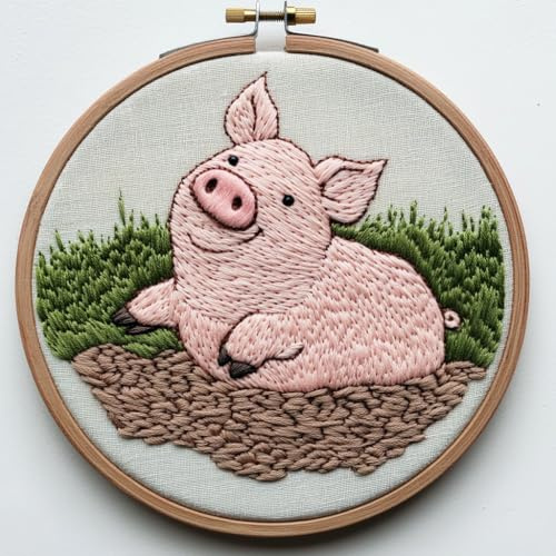 Punch Needle Kit für Anfänger, Punch Stitching Kit für Erwachsene, Nadelstanzer Kits für Erwachsene, Schwein im Schlamm - DIY Stickerei Set, Kunsthandwerk Werkzeug für alle Altersgruppen, ideal für