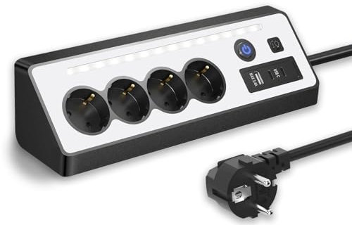 Ecksteckdose, Desktop Steckdosenleiste, 4 Fach Mehrfachsteckdose mit USB und 2 Type-C, Steckerleiste Überspannungsschutz mit LED,Mehrfachstecker 1.5M Kabel für Küche Büro Schwarz