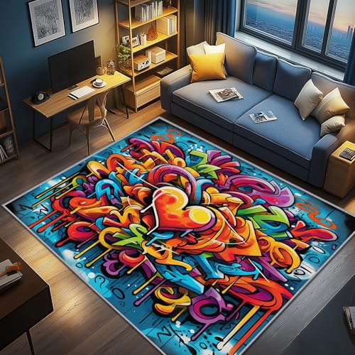 AevuCub Graffiti Deko, Street Art Hip Hop Teppich 100x150 Kurzflor, Teppich Wohnzimmer Hippie Graffiti, Weich rutschfest Waschbare Teppiche, Bettvorleger Schlafzimmer Kinderzimmer