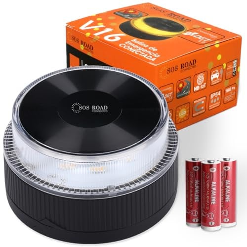 SOS ROAD Baliza de Emergencia V16 con Geolocalización y Conexión DGT 3.0 – Uso Obligatorio Enero 2026, Señal LED Homologada para Coche, Alcance 1km, Resistente al Agua, Datos Incluidos hasta 2038