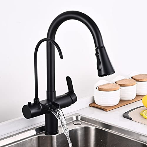 Rubinetto da cucina nera con spruzzatore a trazione, purificatore filtro per acqua potabile a 4 vie, tocco di miscelatore a cascata per lavello da cucina - design moderno, facile installazione,
