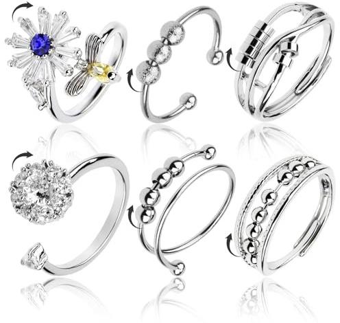 6 verstellbare Fidget-Ringe mit Perlen, silberfarbener Edelstahl, Anti-Ring-Drehen, Anti-Sorgen, Spinner-Perlenringe, offen, verstellbarer Zirkonia-Ring, für Frauen, Angst und Stress