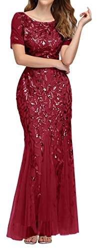 VEMOW Vestido de Noche Elegante Mujer Vestidos de Fiesta Largo de Manga Corta con Lentejuelas Cuello Redondo Vestidos Invitada Boda Vestido de Cóctel Formal Graduación Ceremonia