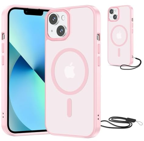 NEW'C Magnétique Coque pour iPhone 14, iPhone 13 (6,1 Pouces), Compatible avec MagSafe Antichoc Ultime avec Cordon – Magnétisme Puissant et Protection Militaire -Etui Translucide Mat - Rose