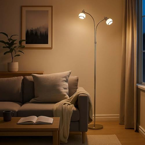 Stehleuchte 2 Flammig Stehlampe Glas Schirm Wohnzimmerleuchte stehend, altmessing Metall Glas opal, 2x G9 Fassungen, H 155 cm
