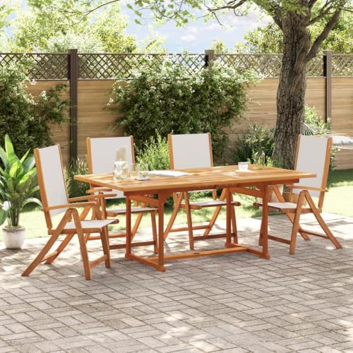 Ziaphsol 5-TLG. Garten-Essgruppe Massivholz Akazie, ausziehbarer Tisch mit 4 verstellbaren Textilene Stühlen, wetterfest für Terrasse, Balkon, Garten
