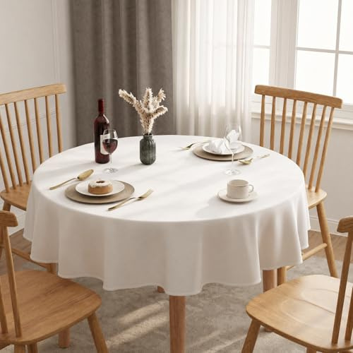 Flgef White Round Table Cloth, Wipe Clean Table Cloths 140cm/55Inch | Waterproof Wipe Clean Wipeable Polyester Fabric Small Tablecloth Dining Table Cover for Outdoor, Garden, Wedding, Parties
