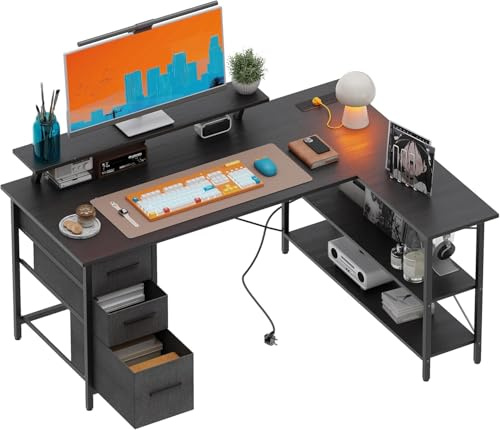 Xyphren Schreibtisch L Form mit 3 Stoff Schubladen, 120 * 80cm Reversibler Eckschreibtisch mit Monitorständer, Steckdose und USB-Ladeanschluss für Homeoffice, Schwarz